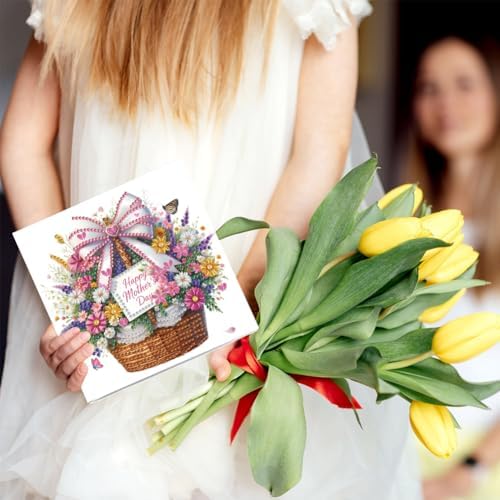 jinglinhh 6pcs Daisy Flower Basket Tulip Letters Diamond Art Painting Greeting Cards with Envelopes, DIY Card Making Kits for Adults, Diamond Art Postcards Christmas Cards Craft Gifts - Image 7