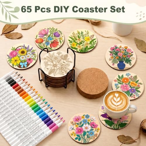 Wooden Drink Coasters Kits for Adults, 65 Pcs Paint Your Own Set with 24 Markers, 20 Coasters, 20 Cork Mats, 1 Holder(Flower) - Image 3