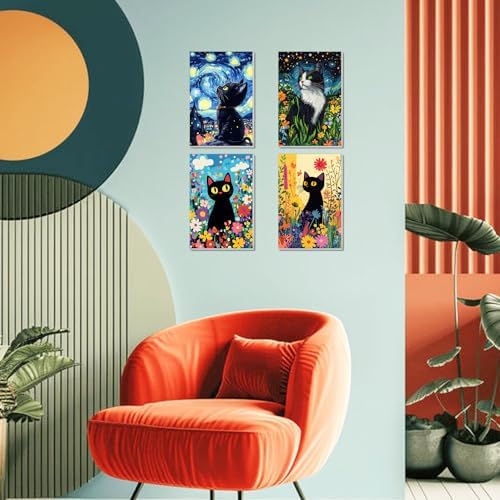 4 Pack Framed Paint by Numbers Kit for Adults Beginner Canvas Painting by Numbers for Adults Black Cat Easy Adult Paint by Number Kits with Frame Starry Night Watercolor Painting by Number 8x12 Inch - Image 4
