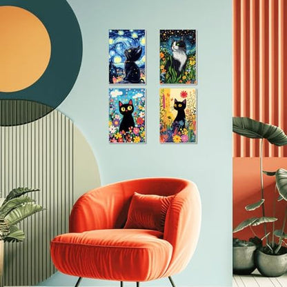 4 Pack Framed Paint by Numbers Kit for Adults Beginner Canvas Painting by Numbers for Adults Black Cat Easy Adult Paint by Number Kits with Frame Starry Night Watercolor Painting by Number 8x12 Inch - Image 4