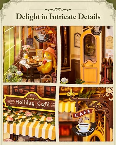 ROBOTIME DIY Book Nook Kit Holiday Café, 3D Wooden Puzzle Miniature Coffee Shop with LED Light, Creative Bookshelf Decor Diorama Kit for Adults, Unique Gift Idea - Image 2