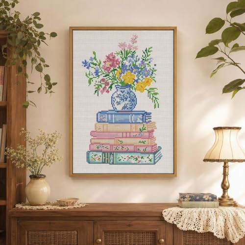Vintage Floral Book Stack Stamped Cross Stitch Kits for Beginners Adults - Image 2