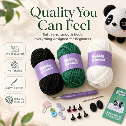 Bubbly Crochet Pom Pom the Panda Beginner Crochet Kit – DIY Plush with Custom Eyes & Bamboo Accent, Guided Tutorials & All-in-One Tools – Amigurumi Craft and Easy Arts - Image 3