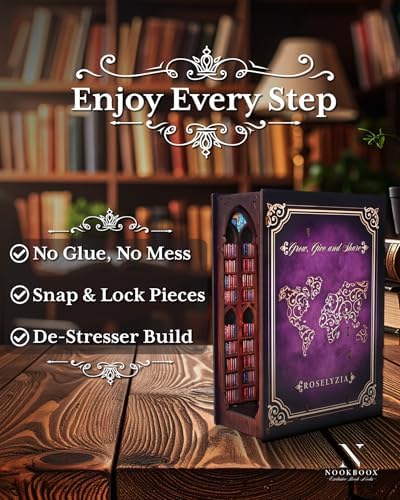 Book Nook Kit – NOOKBOOX by ROSELYZIA – DIY Miniature Dollhouse 3D Wooden Puzzle with LED Light – Bookshelf Decor Gift for Adults & Teens – Violet Purple - Image 2