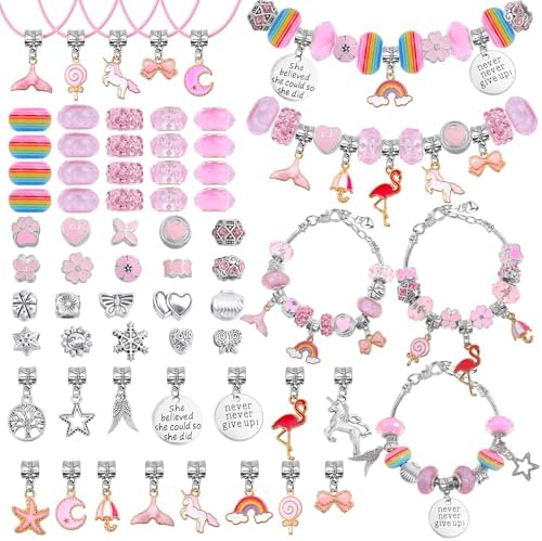 Flasoo DIY Charm Bracelet Making Kit, Jewelry Kit with Unicorn Mermaid Pink Stuff Craft Gifts for Birthday, Christmas, New Year by Flasoo