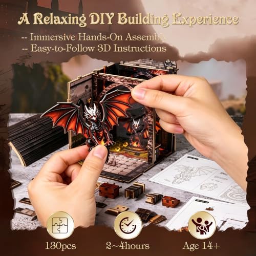 Book Nook Kit for Adult, Dragon LED 3D Wood Puzzle Bookshelf Decor - Image 4