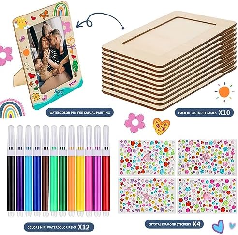 zjdbset Picture Frame Painting Craft Kit for 4 * 6 Photo,10Pcs DIY Unfinished Wooden Picture Frames with 12Pcs Painting Color Pen 4 Sheets Crystal Diamond Stickers for DIY Craft (Pack of 2) - Image 3