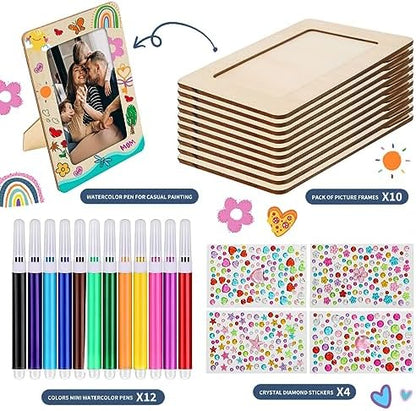 zjdbset Picture Frame Painting Craft Kit for 4 * 6 Photo,10Pcs DIY Unfinished Wooden Picture Frames with 12Pcs Painting Color Pen 4 Sheets Crystal Diamond Stickers for DIY Craft (Pack of 2) - Image 3