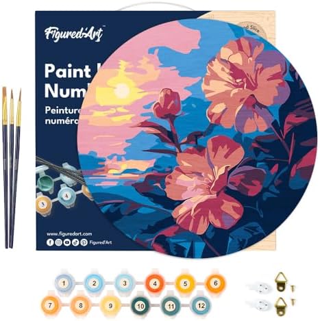 Figured'Art Paint by Numbers Kit for Adults on Wood Slice, 11.8in Diameter - Hibiscus at Sunset - Craft Art Painting DIY Canvas - Image 7