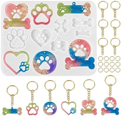 Resin Keychain Mold Epoxy Resin Molds for Keychain Making 1Pc Bone Dog Paw Heart Silicone Pendant Mold for Jewelry Making with 10Pcs Key Rings, 30Pcs Jump Rings by Spritewelry