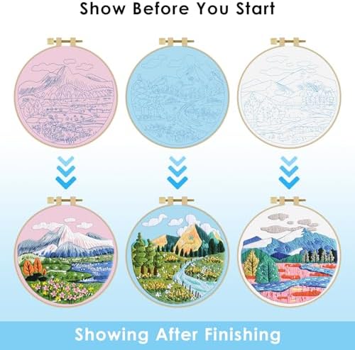 ERKOON 3 Sets Embroidery Kit, Floral Cross Stitch Set for Include Embroidery Cloth Hoops Threads for Craft Lover Hand Stitch (Landscapes) - Image 5