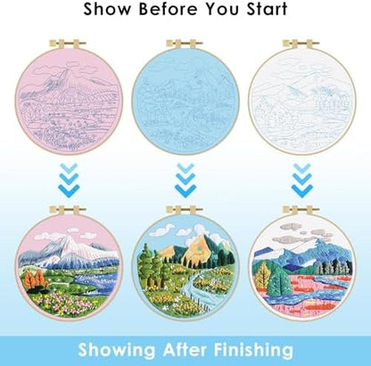 ERKOON 3 Sets Embroidery Kit, Floral Cross Stitch Set for Include Embroidery Cloth Hoops Threads for Craft Lover Hand Stitch (Landscapes) - Image 5