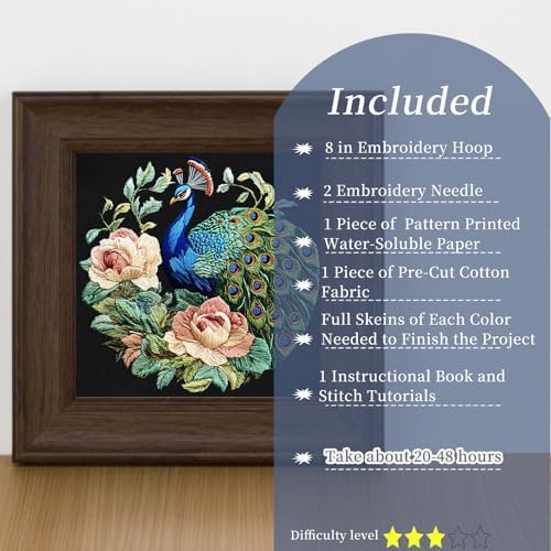 FONNUY Peacock Floral Embroidery Kit, Cross Stitch Kits, Handmade Crafts with Printed Patterns for Beginner Adults, Easy to Follow Color Thread Needlework, 8'' Hoop (Graceful Dancer) - Image 2