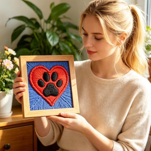 INFUNLY Claw Print Punch Needle Kit for Beginners Red Heart Punch Needle Embroidery Kits for Adults DIY Punch-Stitching Kit with Instruction Threader Needles Square Frame for Wall Decor 9.4''x9.4'' - Image 7