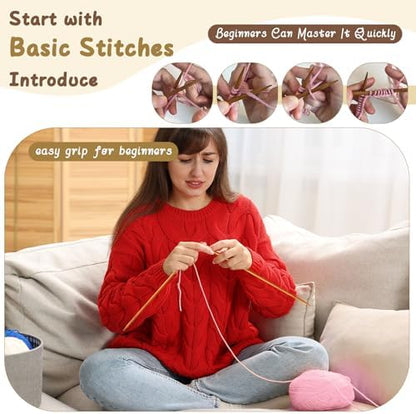 Maasechs Knitting Kit for Beginners Adults Complete Hat Knitting Kits Learn to Knit Kits with Yarn Bamboo Needle Pom Pom Step-by-Step Instruction Knit Accessories for Mother Women Men Gifts(Bright) - Image 4