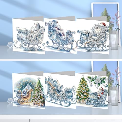 jinglinhh 6pcs Diamond Art Painting Winter Sleigh Christmas Tree Santa Claus Greeting Cards with Envelopes, DIY Card Making Kits for Adults, Diamond Art Postcards Holiday Cards Craft Gifts - Image 5