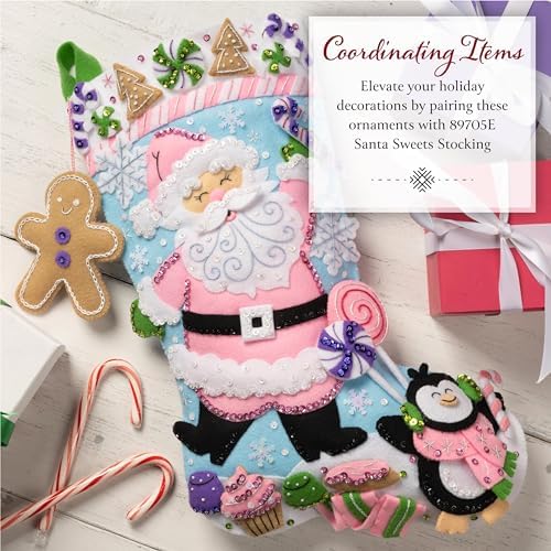 Bucilla Felt Applique 4 Piece Ornament Making Kit, Santa Sweets, Perfect for Holiday DIY Arts and Crafts, 89708E - Image 5