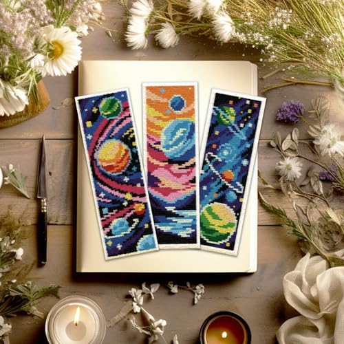 ACRNIGHEET 6PCS Stamped Cross Stitch Bookmark Kit for Beginners Planet - Image 3