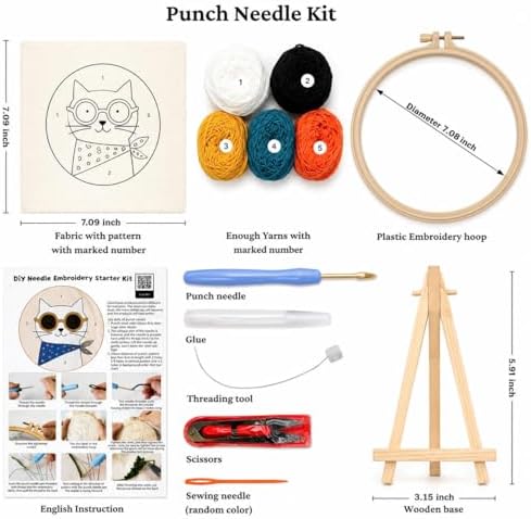 CELCRAFTIQUE Punch Needle Kits for Adults Beginner, Tool with Punch Needle Fabric, Hoops, Yarns and Sewing Needles (Lemon Cat) - Image 2