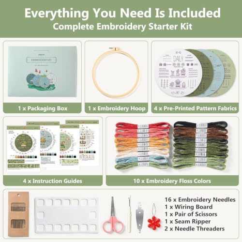 Snuvid Embroidery Kit for Beginners, 4 Stages to Learn 38 Stitches with Step-by-Step Video Tutorials, Pre-Printed Patterns, Embroidery Hoop, Threads and Needles for Adults - Image 4