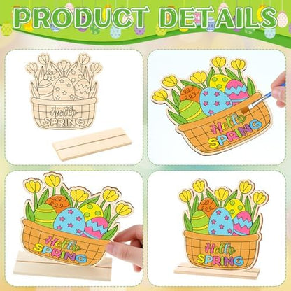 Yuntau 24 Pcs Color Your Own Easter Crafts Bunny Egg DIY Wooden Tabletop Signs Happy Easter Craft Kits Centerpiece Art Signs Table Decorations for Spring Home Activities Gifts Party Favors - Image 3