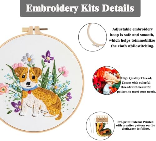 GLTAYLMY Dogs Embroidery Kit for Beginners with Pattern and Instructions,3 Pack Cross Stitch Kits,1 Plastic Embroidery Hoops,Threads and Needles,Needlepoint Kit for Adults - Image 3