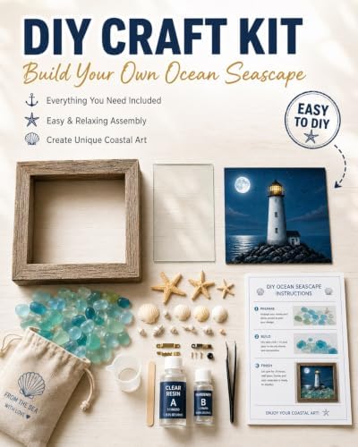 Coastal Lighthouse Sea Glass Shadow Box Night Light Nautical Beach Lamp Home Decor DIY Wooden Picture Frame Ocean Theme Craft Kit Starfish Shells Art Bedside Reading Corner Gift for Adult(#6,Battery) - Image 2