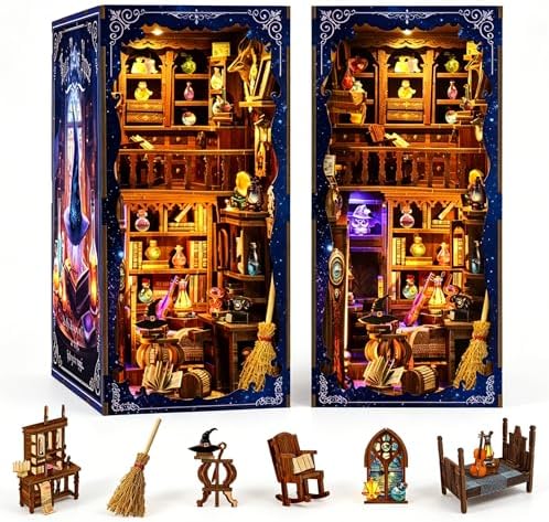 Book Nook Kit- DIY Miniature House Kit with LED Lights, 3D Wooden Puzzle Magic Potion Shop, Fantasy Wizard Alchemy Scene Bookshelf Insert Decor, Creative Handmade Gift by Kalawen