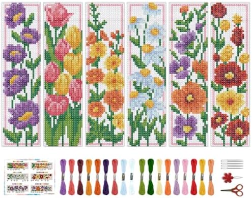 BEUNITONE 6 Set Floral Bookmark Cross Stitch Kits for Beginners with Instructions Floral Bookmarks Cross-Stitch Kit Stamped Embroidery Bookmark DIY Crafts Book Marker for Book Lovers 8''x2.4'' 11CT by BEUNITONE