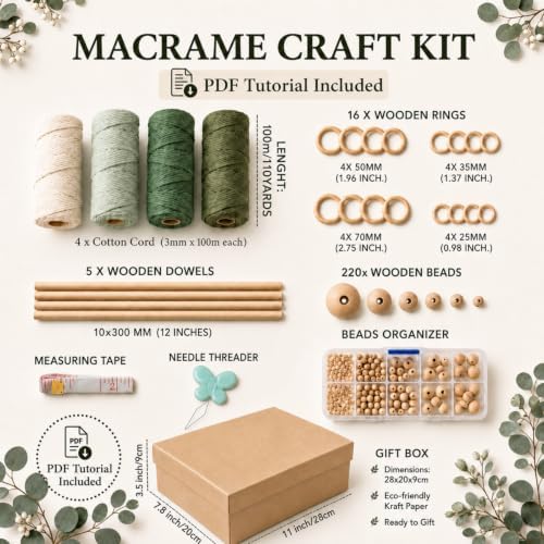 Rivvlive Macrame Kit for Adults Beginners 249 Pcs, 436yd 3mm Cotton Macrame Cord Wood Rings Dowels and Beads Needle Threader Gift Box & Digital Instruction Book for Bohemian Decor Craft Projects - Image 4