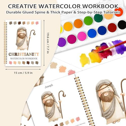 Easy Christianity Watercolor Workbook for Beginners, Water Coloring Book, 18 Colors Watercolor Paint Set, 12 Patterns Watercolor Kit, Faith-Based, Relaxing DIY Art Gift for Adults (Jesus) - Image 2