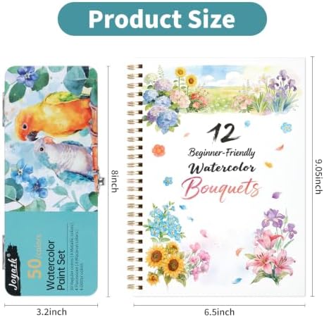 Watercolor Workbook, Water Coloring Book, 12 Different Patterns of Original DIY Designs, 50 Colors Watercolor Paint Set with Palette and Brush, Beginner-Friendly Watercolor Workbooks (Bouquets) - Image 2