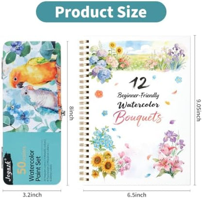 Watercolor Workbook, Water Coloring Book, 12 Different Patterns of Original DIY Designs, 50 Colors Watercolor Paint Set with Palette and Brush, Beginner-Friendly Watercolor Workbooks (Bouquets) - Image 2