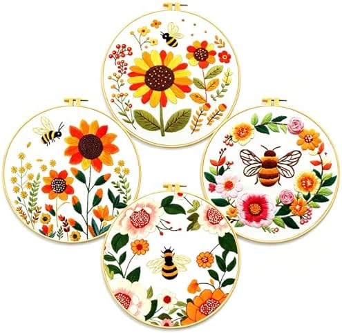 Zhenqing Bees & Flowers Embroidery Kit 11.4x11.4cm - 4-Piece Complete Cross Stitch Set with Pre-Printed Fabric, Threads, Hoop, Needles & Instructions | DIY Craft for Adults, Beginners-Friendly (C0046) by ZhenqingHomeFlagship