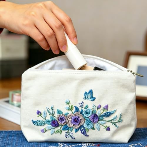 FONNUY Embroidery Kit Makeup Bag for Beginners, Flowers Pre-Stamped Pattern Handbag Coin Purses Making Kits for Adults with Hoop, Easy to Follow Color Thread Needlework (Blue) - Image 3