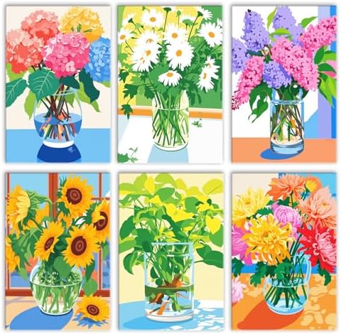 Colorful Flowers Paint by Number for Adults, Hydrangea in Glass Vase DIY Oil Painting Kits on Canvas and Acrylic Pigment, 6 Packs Adults Paint by Numbers for Gift Home Decor 8x12 Inch (Frameless) by Tucocoo