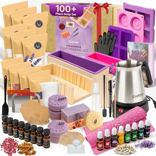 CraftZee   Soap Making Kit - All-in-One Soap Making Supplies with 6lbs Soap Base, 8 Dyes, 8 Essential Oils, Silicone Molds, Cutters, All Essential Tools & Instructions by CraftZee