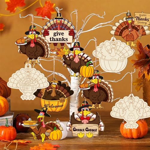 80PCS Wooden Thanksgiving Decoration Turkey Ornaments to Paint Thanksgiving Ornaments for Tree Crafts Cutouts Unfinished, DIY Blank Fall Unfinished Turkey Pumpkin Ornament for Home Harvest Hanging - Image 5