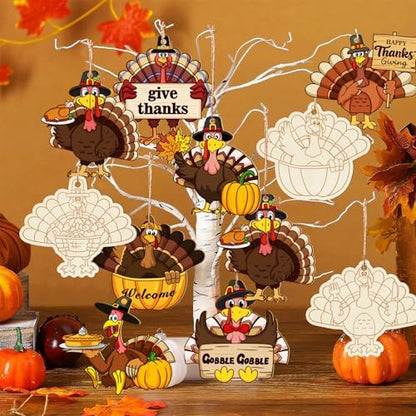 80PCS Wooden Thanksgiving Decoration Turkey Ornaments to Paint Thanksgiving Ornaments for Tree Crafts Cutouts Unfinished, DIY Blank Fall Unfinished Turkey Pumpkin Ornament for Home Harvest Hanging - Image 5
