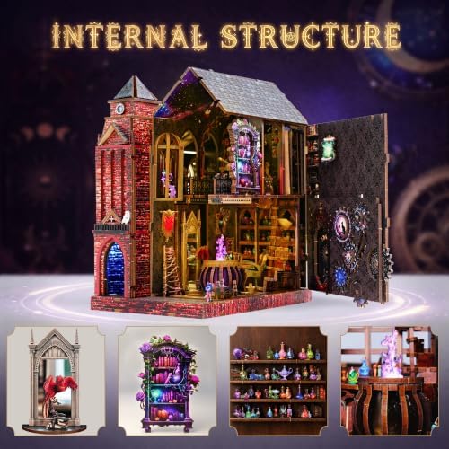 Book Nook Kit for Bookshelf — Arcane Spire Magical Castle 3D Wooden Puzzle, DIY Miniature Dollhouse with LED Lights, Fantasy Book Shelf Insert Decor, Creative Gift for Adults & Teens - Image 2