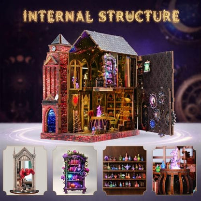 Book Nook Kit for Bookshelf — Arcane Spire Magical Castle 3D Wooden Puzzle, DIY Miniature Dollhouse with LED Lights, Fantasy Book Shelf Insert Decor, Creative Gift for Adults & Teens - Image 2