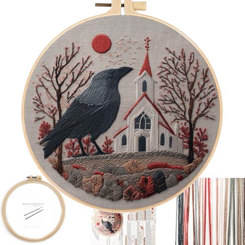 FONNUY Embroidery Kit, Featuring Crow and Landscape Patterns, Cross Stitch Kits for Both Adults and Beginners, Handmade Crafts Printed Pattern Set, Color Thread Needlework, 8'' Hoop (Clever Bird) by FONNUY