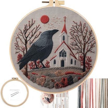 FONNUY Embroidery Kit, Featuring Crow and Landscape Patterns, Cross Stitch Kits for Both Adults and Beginners, Handmade Crafts Printed Pattern Set, Color Thread Needlework, 8'' Hoop (Clever Bird) by FONNUY