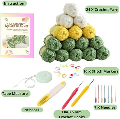 CSWCS Crochet Blanket Kit for Beginners, Daisy Granny Square Throw Kit for Adults, Easy Learn How to Knitting with Yarn & Hook, Complete Starter Set with Step-by-Step Instructions (39" x 31") - Image 3