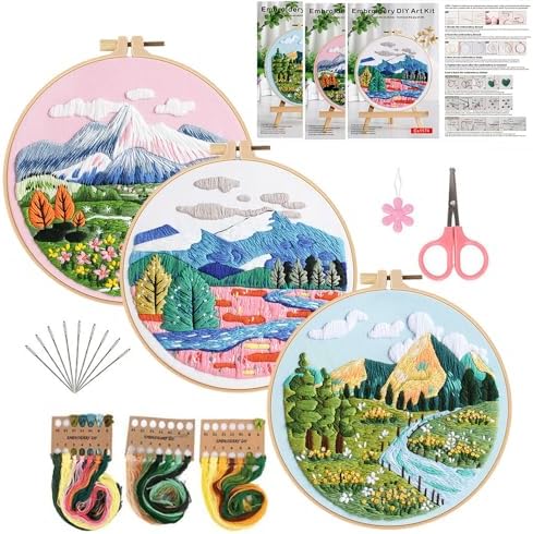 Konrisa 3 Pcs Landscape Embroidery Kits, Mountain Flower Village Pattern Cross Stitch Kit, DIY Sewing Practice Kits for Adults Home Decoration,Include Embroidery Cloth Threads and Needles,1pc Hoops by Konrisa