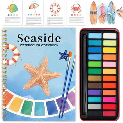 Watercolor Workbook - Coloring Book Beginner Friendly Painting Kit, Watercolor Workbooks for Adults with 24 Colors Paint, Exploration Gift for Adults Teens (Seaside) by Cbcmpica
