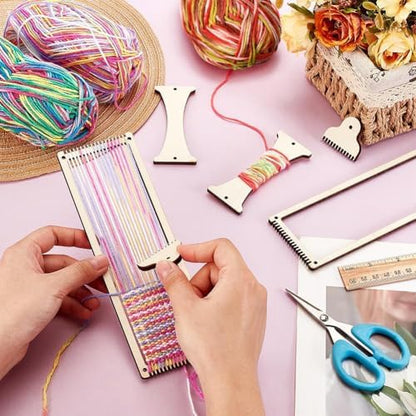 AHANDMAKER 2 Sets Weaving Loom Kit Weaving Frame Set with Yarns,Rods,Combs,Shuttles 2.6 x 8 Inch Wood Bookmark Knitting Loom for Adults Weaving Lovers, Contains Enough Weaving Yarn - Image 3