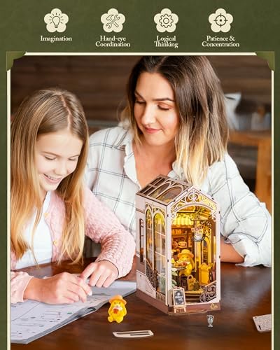 ROBOTIME DIY Book Nook Kit Holiday Café, 3D Wooden Puzzle Miniature Coffee Shop with LED Light, Creative Bookshelf Decor Diorama Kit for Adults, Unique Gift Idea - Image 3