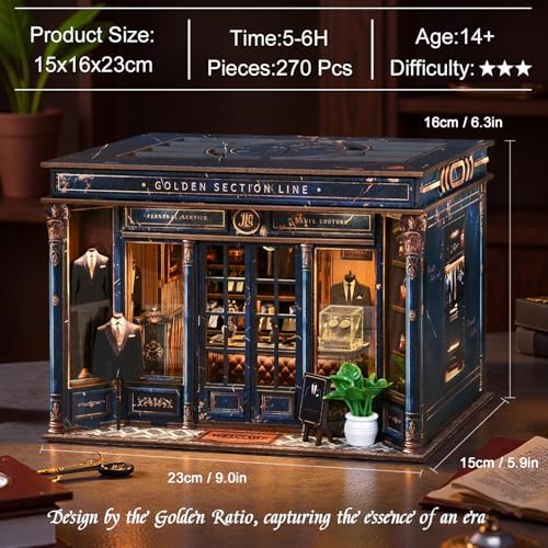 Book Nook Kit for Adults, Teens and Beginners, DIY Miniature Gentleman’s Clothing Store Bookend with LED Light, Wooden 3D Puzzle Bookshelf Decor, Creative Gift – Golden Section Line - Image 2