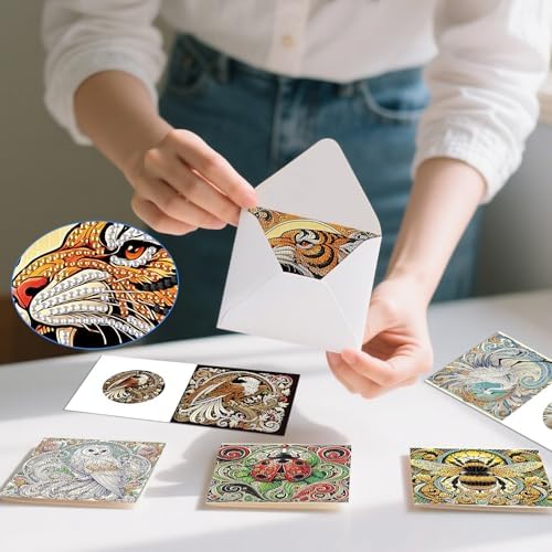 6 Pack Animal Diamond Art Greeting Cards with Envelopes, DIY 5D Diamond Painting Card Kit Featuring Phoenix Owl Bee Eagle Ladybug and Tiger, Handmade Rhinestone Craft Cards for Birthday and Holiday - Image 5